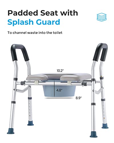 HEAO 3-in-1 Raised Toilet Seat, Adjustable Width/Height, Padded Seat with Splash Guard, Toilet Safety Frame, Shower Chair for Seniors, Handicap,Pregnant, 300 lbs