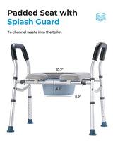 HEAO 3-in-1 Raised Toilet Seat, Adjustable Width/Height, Padded Seat with Splash Guard, Toilet Safety Frame, Shower Chair for Seniors, Handicap,Pregnant, 300 lbs