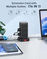 Surge Protector Power Strip 10 FT Cord, Power Strip Tower with 4 USB Ports (1USB C), Extension Cord with 12 AC Multiple Outlets, Home Office Supplies Desk Accessories, Dorm Room Essentials