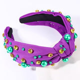 Mardi Gras Hairband for Women Purple Pearl Rhinestone Knotted Headband Carnival Parade Party Hair Accessories