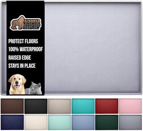 GORILLA GRIP 100% Waterproof Raised Edge BPA Free Silicone Pet Feeding Mat, Dog Cat Food Mats Contain Spills Protects Floors, Placemats for Cats, Dogs Water Bowl, Pets Accessories 18.5x11.5 Light Gray