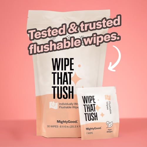 Wipe That Tush On-The-Go Flushable Wet Wipes - 1 Pack, 30 Wipes - Individually Wrapped Extra-Large Wipes with Aloe - Hypoallergenic & Unscented - Septic and Sewer Safe