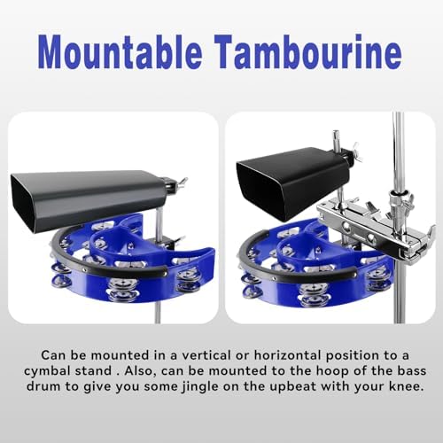 EASTROCK Drum Set Tambourine with Mounting Eye Bolt,Tambourine for Drum Set,Hi Hat Tambourine Double Rows of Jingles (Blue)