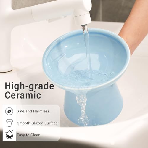 2 Extra Wide Elevated Cat Food Bowl, Ceramic Cat Bowls for Food and Water, Wide Shallow Cat Food Dish, Whisker Fatigue, Lead & Cadmium Free, Great Height for Cat, Blue