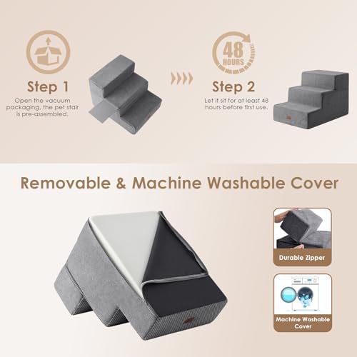 EHEYCIGA Dog Stairs for Small Dogs 16.5”H, 3-Step Extra Wide Dog Steps for Couch Sofa and Chair, Pet Steps for Small Dogs and Cats, Non-Slip Balanced Pet Ramp, Grey