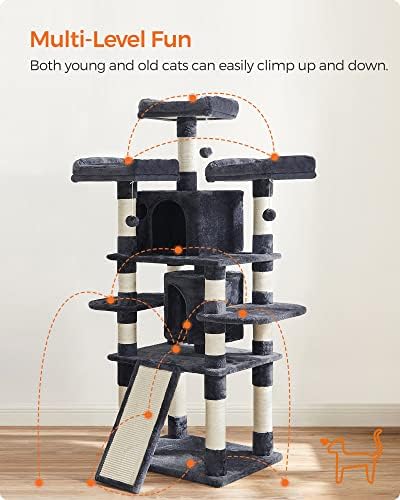 FEANDREA 67-Inch Multi-Level Cat Tree for Large Cats, with Cozy Perches, Stable, Smoky Gray UPCT18G