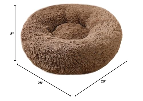 BODISEINT Faux Fur Dog Bed Cat Bed,Shag Round Anti-Anxiety Pet Calming Bed Doughnut Cuddler for Medium Large Puppy Dog Cat Kennel Cushion Self Warming Bed (28'' D x 8'' H, Coffee)
