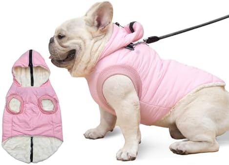 Fleece Lining Dog Hoodie with Harness Built in,Extra Warm Medium Dog Jacket in Winter Doggie Coats with Hooded,Light Pink L