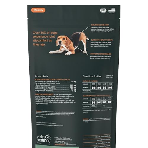 VetriScience GlycoFlex Sport Hip and Joint Supplement for Dogs - Joint Support Chews with Green-Lipped Mussel, DMG, and Glucosamine for Dogs, Chicken Liver Flavor