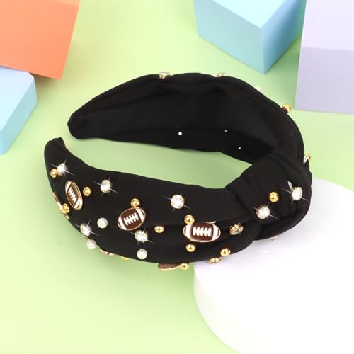 YARIEW Football Headbands for WomenPearl Rhinestone Jeweled Knotted Headband for Women Fashion Headband Wide Game Day Sports Hair Accessories Gift for Football Mom Fans Christmas (Black)