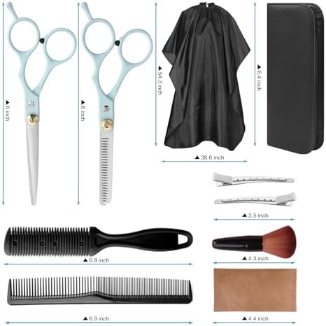 Hair Cutting Scissors Kit, Stainless Steel Hair Scissors Professional Haircut Scissors Set with Hair Scissors, Thinning Scissors, Haircut Accessories in Leather Case for Men/Women-10PCS Blue