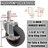 3-Inch Swivel Stem Caster for Rubbermaid Mop Bucket Utility Cart, 7/16-Inch Stem Diameter Rubber Wheel Set of 4 with Side Brake, Heavy Duty TPR Weber Grills Shop Vac Replacement Wheels
