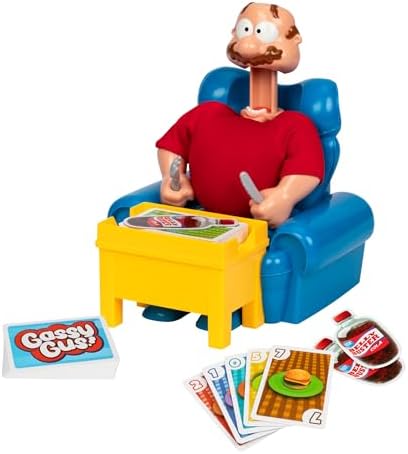 Gassy Gus, The interactive gut-busting game that's a hoot when you toot! Feed Gus gassy foods, but watch out for the big blast of gas! Packed with hilarious sounds, it's Ideal for 2-4 players ages 4+