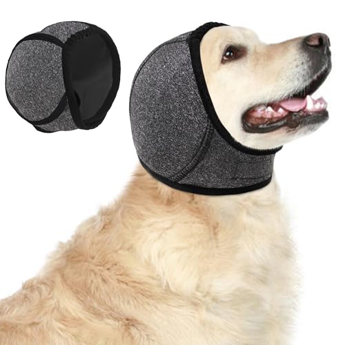 Dog Calming Hoodie Quiet Ear Cover for Noise Protection Anxiety Relief Ear Muffs, No Shake Ear Wraps for Dogs, Swim Cap Bath Blow Drying Headband Wraps for Ear Hematoma Groom Fireworks(Grey, Large)