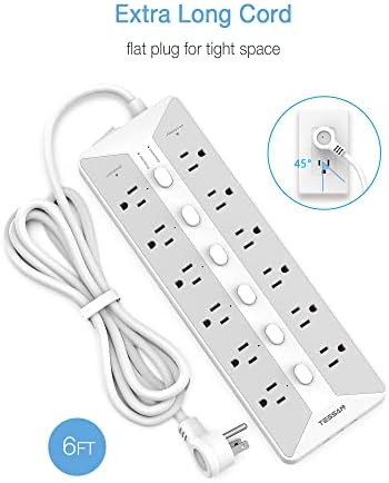 Power Strip with USB, Individual Switches, TESSAN 12 Outlets and 3 USB Ports, Long Extension Cord 6 Feet with Surge Protector for Home, Dorm and Office Accessories, 1700J Protection, Gray