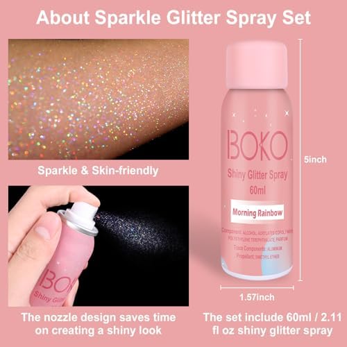 Boko Body Glitter Spray, 60ML Holographic Silver Glitter Spray for Body Hair Clothes, Quick-Drying and Long-Lasting Glitter Hairspray Body Shiny Spray for Mardi Gras Concert Party Rave Accessories
