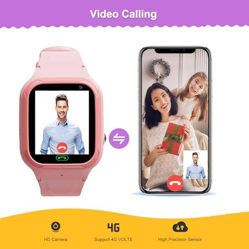 4G Kids Smart Watch - Boys Girls GPS Tracker Kids Smartwatches Phone Watch Video Call SOS Alarm Voice Chat and Touch Screen Game Real Time Tracking Smartwatch for Age 3-12 (Pink)