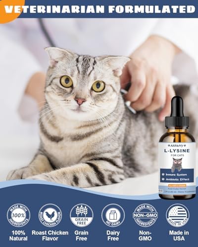 L-ysine Supplement for Cats - Immune Support - 60ML Lysine for Feline Respiratory, Sneezing, Runny Nose, Eye Function - Natural Cat Antibiotic Drops - Roast Chicken Flavor