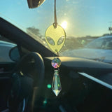 Glow In The Dark Alien Car Charm, Crystal Suncatcher, Auto Rear View Mirror Accessories, New Car Gift, Women Festival Rave Decor, Stoner (Crystal Color - Clear, Alien Style - Glitter)