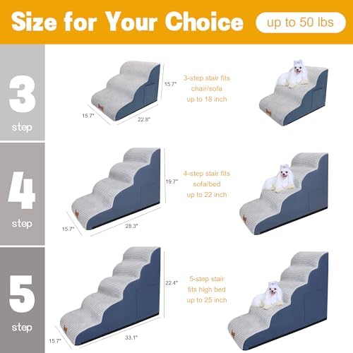 Dog Stairs for Small Dogs, Wide Pet Step with Removable Cover, No Assembly High Density Foam Cat Ramp for Bed or Sofa, 4-Step, Grey