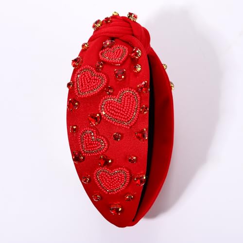 Valentine's Day Headband for Women, Red Pink Rhinestone Heart Headbands, Knotted Headband, Valentine's Day Hair Accessories, Gifts (Red Heart F)