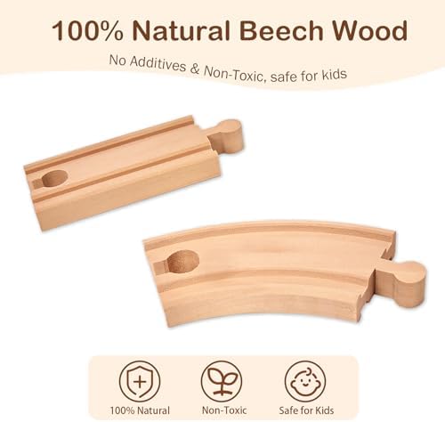 Wooden Train Track Set 53pcs, Wood Train Tracks Accessories Expansion Pack fits Melissa and Doug, fits Brio, fits Thomas, Montessori Toys, Birthday Gift for Boys Girls Toddler Kids (Train Track)