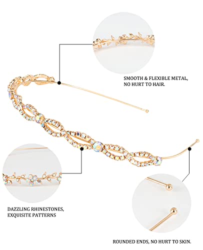 Wecoe 4 Pack AB Rhinestone Headbands Gold Metal Headbands Flower Girl Bridal Wedding Headband Crystal Headpieces Flower Leaf Butterfly Headband Formal Hair Accessories For Women Girls Gifts