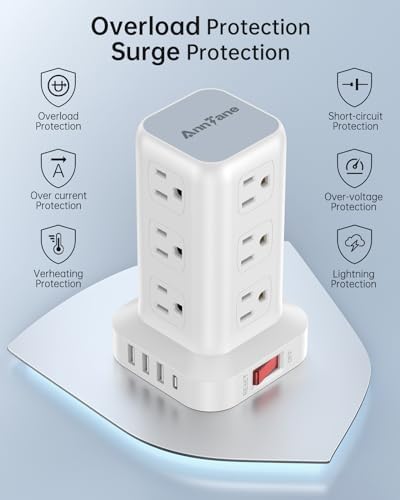 Surge Protector Power Strip 10 FT Cord, Power Strip Tower with 4 USB Ports (1USB C), Extension Cord with 12 AC Multiple Outlets, Home Office Supplies Desk Accessories, Dorm Room Essentials