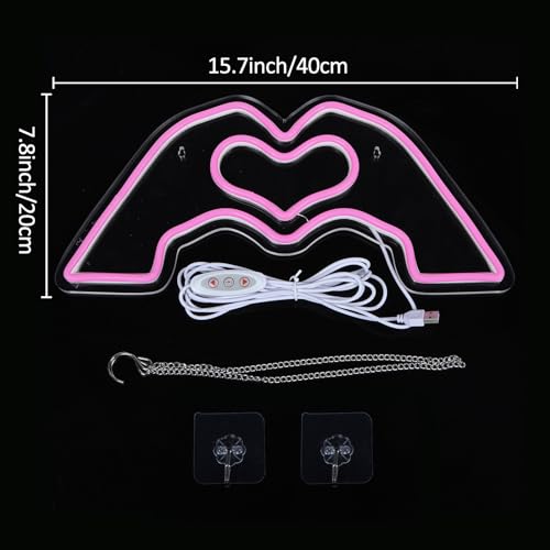 HMASYO Heart Hands Neon Sign Love Finger Neon Light, Pink Heart Neon Sign Light with Dimmer and USB, LED Wall Art for Music Lover Bedroom Game Room Bar Party Wedding Birthday Christmas Decor 15.7"