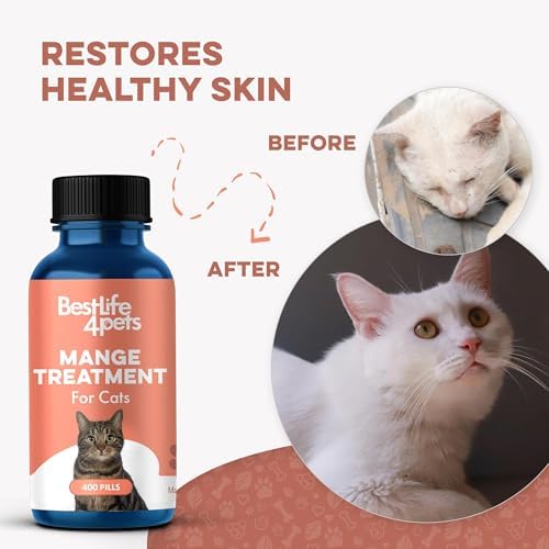 Mange Treatment for Cats, Natural Ear Mite Treatment & Cat Itchy Skin Relief, Helps with Feline Scabies, Feline Dandruff, Shedding, Excessive Grooming and General Cat Skin Care, 400 Odorless Pills