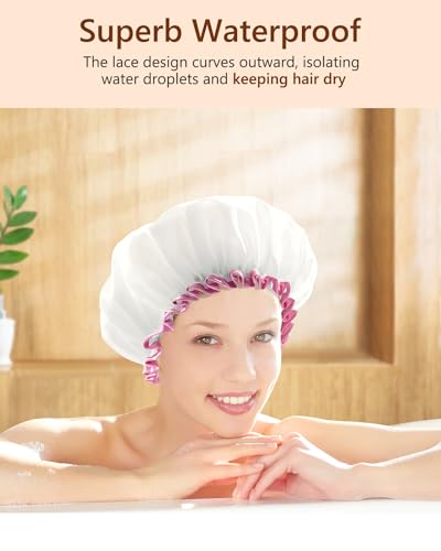 mikimini White Large Shower Caps for Women Long Hair Pack of 2, Reusable Waterproof Double Layers Bathing Hair Cap Soft Comfortable PEVA Lining, Cute, Non-fading & Stretchy Shower Hat X-Large