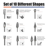 10Pcs Carbide Burr Bits Set Compatible with Dremel 1/8", Rotary Tool Bits with Double-Cut Design, Die Grinder Bits Accessories for Metal Aluminum Wood Stone Steel Plastic Carving Cutting Grinding