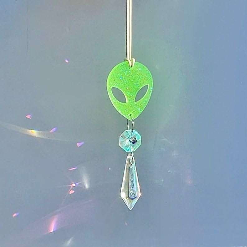 Glow In The Dark Alien Car Charm, Crystal Suncatcher, Auto Rear View Mirror Accessories, New Car Gift, Women Festival Rave Decor, Stoner (Crystal Color - Clear, Alien Style - Glitter)