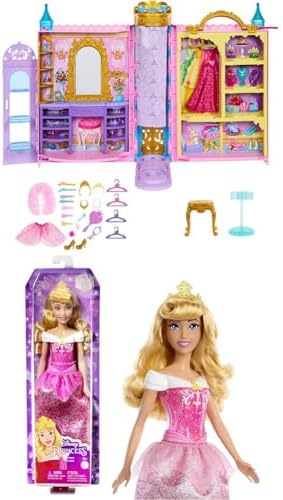Bundle of Mattel Disney Princess Closet Playset with 2 Fashions, 25 Accessories, Vanity, Dressing Room, Runway & Storage, Opens to 2 Feet + Princess Aurora Fashion Doll, Blonde Hair, Tiara Accessory