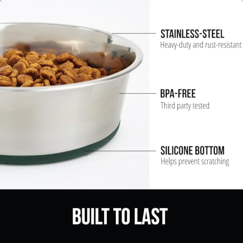 GORILLA GRIP Set of 2 Dog Bowls, Holds 4 Cups (32 fl oz), Heavy Duty Metal Food and Water Bowl for Feeding Dogs and Cats, Dishwasher Safe, Rust Resistant Stainless Steel, BPA Free Rubber Base, Green