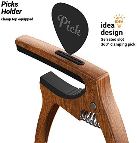 3in1 Guitar Capo for Acoustic and Electric Guitars,2 Pack(with Pick Holder and 6 Picks),Ukulele,Strings Accessories (Black&Wood)
