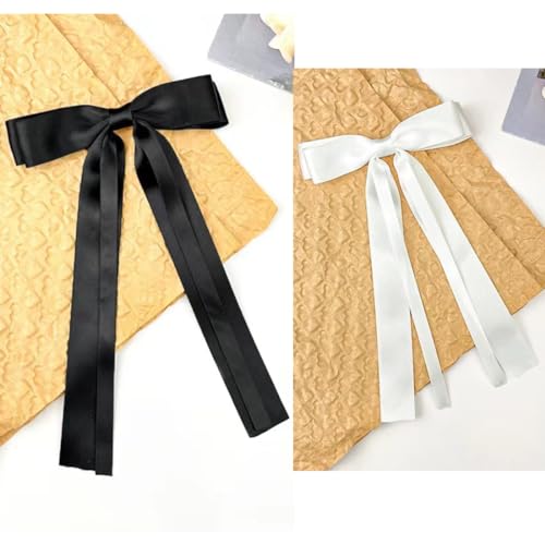 Oversized Long-Tail Hair Bows Set - 4 PCS Ribbons and Large Barrettes for Cute Aesthetic Hair Accessories for Girls (Black White)