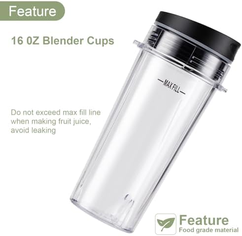 5-piece Ninja Blender Cups Replacement Single Serve 16oz Cups with Sip & Seal Lids, 6 Fins Extractor Blade Compatible with Nurti Ninja Blenders Pro BL660 BL663 BL663CO BL665Q BL740 BL770