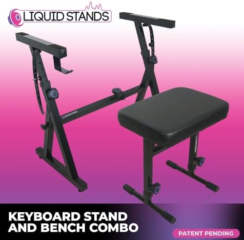 Liquid Stands Piano Keyboard Stand and Bench Set - Portable Heavy Duty Digital Piano Stand for 54-88 Key Electric Pianos & Adjustable Bench, Chair, Stool, Seat - Sturdy Keyboard Music Accessories
