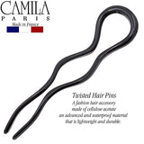 Camila Paris CP3285 French Twist Stick Hair Fork, Large Wavy U Shaped Hair Pin Clip for Spiral Updo and Bun, Black, Fashion Flexible Durable Styling Hair Accessories for Women, Made in France