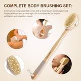 Dry Brushing Body Brush - Natural Boar Bristle Body Brush Set with Face Brush, Wooden Long Handle Scrub Body Brush for Cellulite Treatment, Lymphatic Drainage, Detachable, 3 Brush Heads