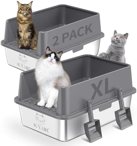2PACK Stainless Steel Cat Litter Box with High Sides Lid, Extra Large XL Litter Box for Big Cats,Open Top Metal Kitty Litter Boxes with Anti-Leakage Enclosure,Non-Stick,Odorless,Scoop Included