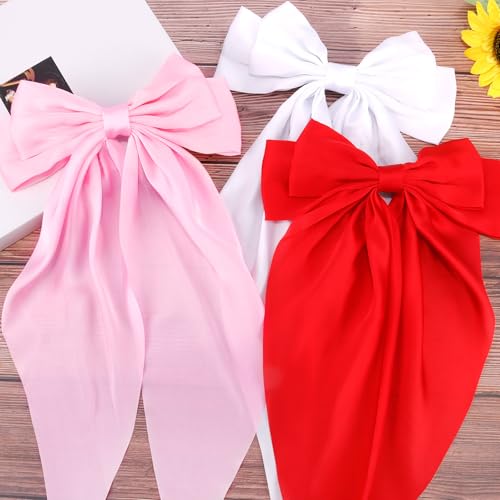 VELSCRUN Hair Clip - 3Pcs Silky Satin Hair Bows for Women in Red, Pink, White - Big Bow Hair Clips with Long Tail - Hair Accessories for Girls - Ideal for Special Occasions - 3 Count