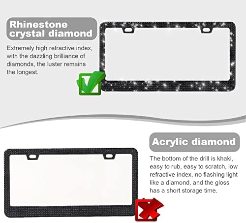 2 Pack Bling License Plate Frames for Women, Sparkly Rhinestone Diamond Car Accessories with Glitter Crystal Caps (Black)