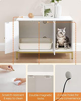 Feandrea Litter Box Enclosure, Modern Cat Litter Box Furniture Hidden, with Scratching Mat, Tall Legs, Cat House, Side End Table, 31.5 x 19.7 x 21.7 Inches, White and Gold UPCL007W01