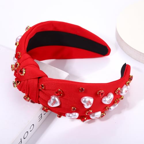 Valentine’s Day Heart Headbands for Women Valentine’s Day Accessories Jeweled Beaded Heart Knotted Headband Pink Red Rhinestone Wide Top Knot Headband Valentine Party Favors Gifts (Pearl Heart)