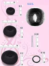 Hair Bun Maker, Hair Doughnut Shaper (6PCS, 3 Sizes: Large 3.5IN, Medium 3IN, Small 2IN, Black) - Hair Styling Accessories Kit Includes Elastic Bands, Bobby Pins, Invisible Hair Nets