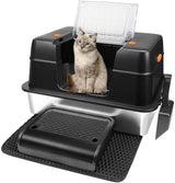 Vivifying Stainless Steel Litter Box, XL Side Entry Extra Large Litter Box with Lid for Big Cats & Kitty, Removable Enclosed Metal Cat Pan with High Sided Enclosure, Scoop, Mat, Footboard (Black)