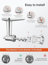 Stainless Steel Meat Grinder Attachment for KitchenAid Stand Mixer, Meat Grinder for Kitchen Aid Included 4 Grinding Plates, 2 Sausage Stuffer Tubes, 2 Grinding Blades, Food Meat Processor Accessories
