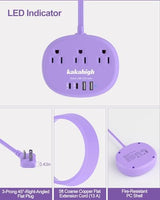 Purple Extension Cord - 10 FT Flat Extension Cord, 1625W Cute Extension Cord with 3 AC Outlet 4 USB (24W/4.8A), Compact for Cute Purple Kawaii Lavender Desk Accessories